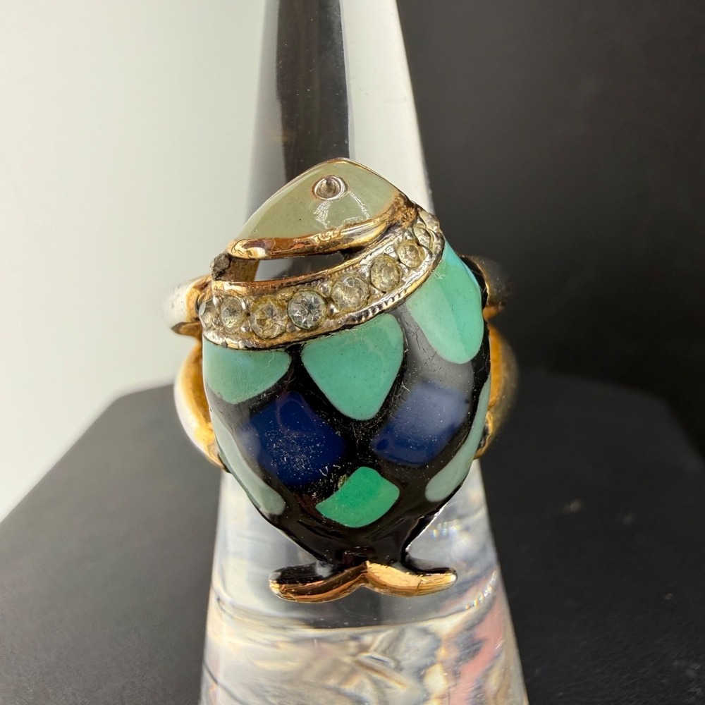 Vintage Eisenberg Enamel Fish Ring Gold Tone Rhinestone Size 5